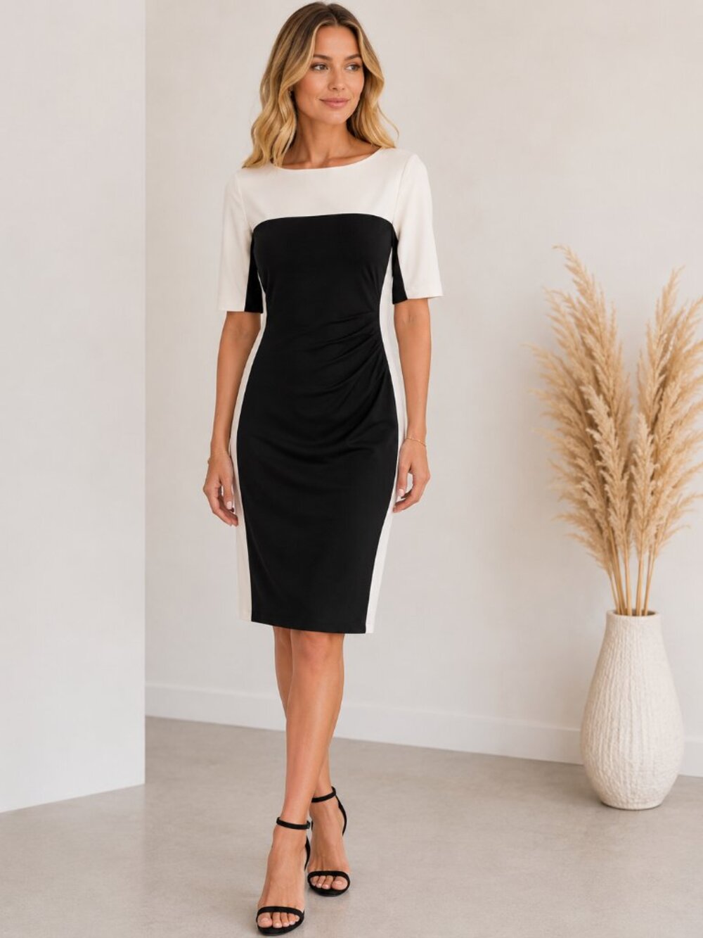 Ralph Lauren Colorblock Sheath Dress Black White Boat Neck Ruched Office Work 6